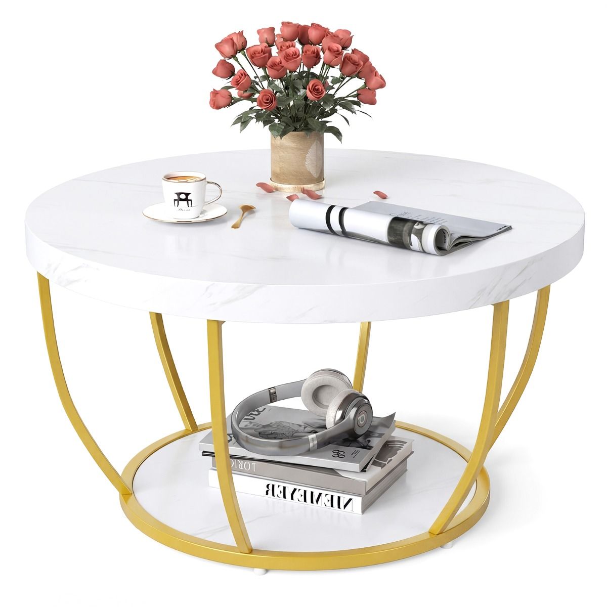 Coast Runder Couchtisch – 2 Ebenen – Metallgestell – weiß – 80 x 45 cm