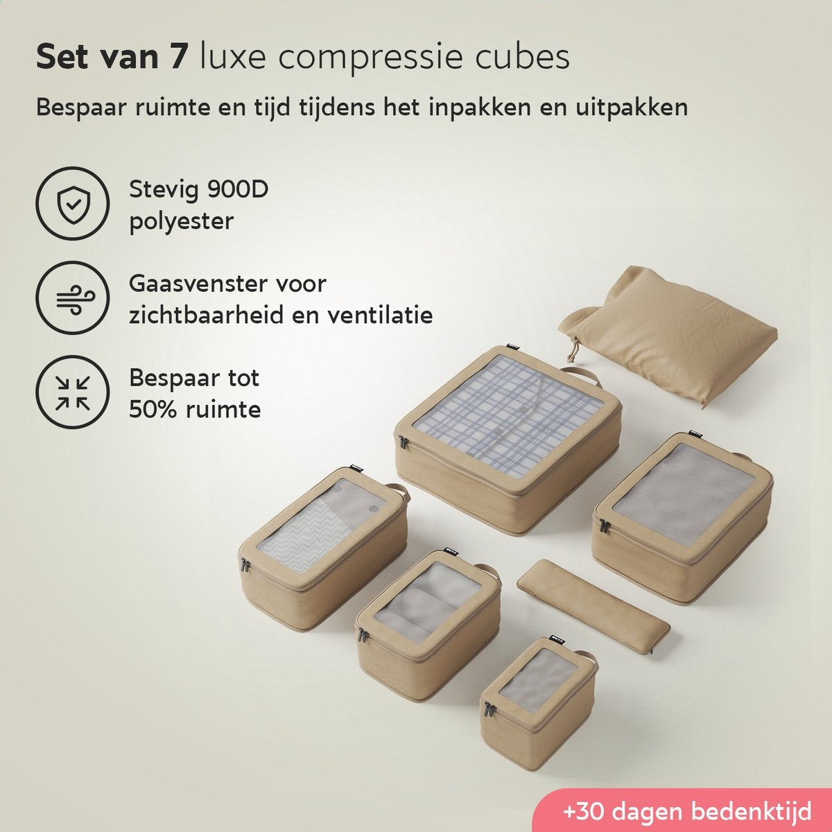 ONYXÂ¬Ã† Compression Packing Cubes - 7 Stück - Gepäckorganisation mit Kompressionsreißverschluss - Für Koffer und Taschen - Beige