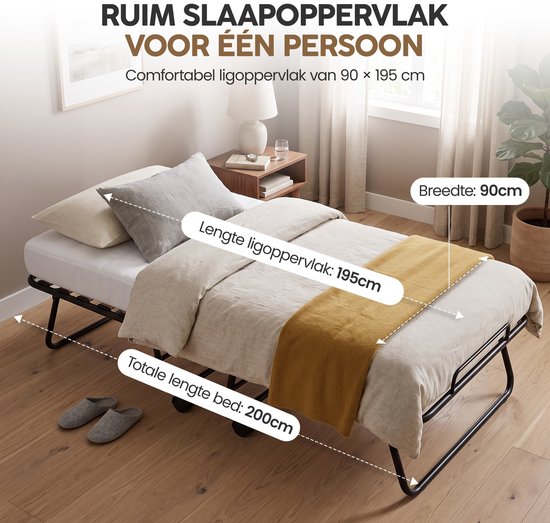 Infinity Goods Klappbett Comfort 90 x 200 cm – Gästebett – Einzelbett – Klappbett – Matratze & Lattenrost – inkl. Schutzbezug