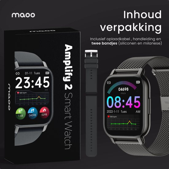 Maoo Amplify 2 Smartwatch Damen und Herren - Geeignet für Android und iOS - Silikon & Milanese Band - WhatsApp Kompatibel - Volle Belfunktion - Multisport - Herzfrequenzmesser und Blutdruckmesser - Schlafmonitor - Valentinstag Geschenk - Schwarz