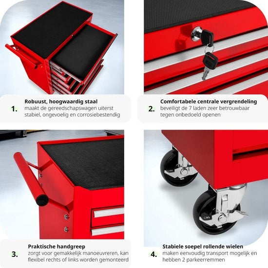 tectake - Werkzeugwagen mit 7 Schubladen - Werkstattwagen, mobile Werkstatt, leerer Werkzeugwagen, Werkzeugkasten, 7 Schubladen, 69 x 33 x 79 cm, Räder mit Bremse, inkl. 2 Schlüssel - rot