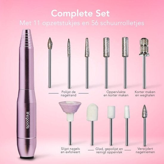 LifeGoods Elektrischer Nagelschleifer - 11 Nagelfeilen und 56 Schleifrollen - Maniküre / Pediküre