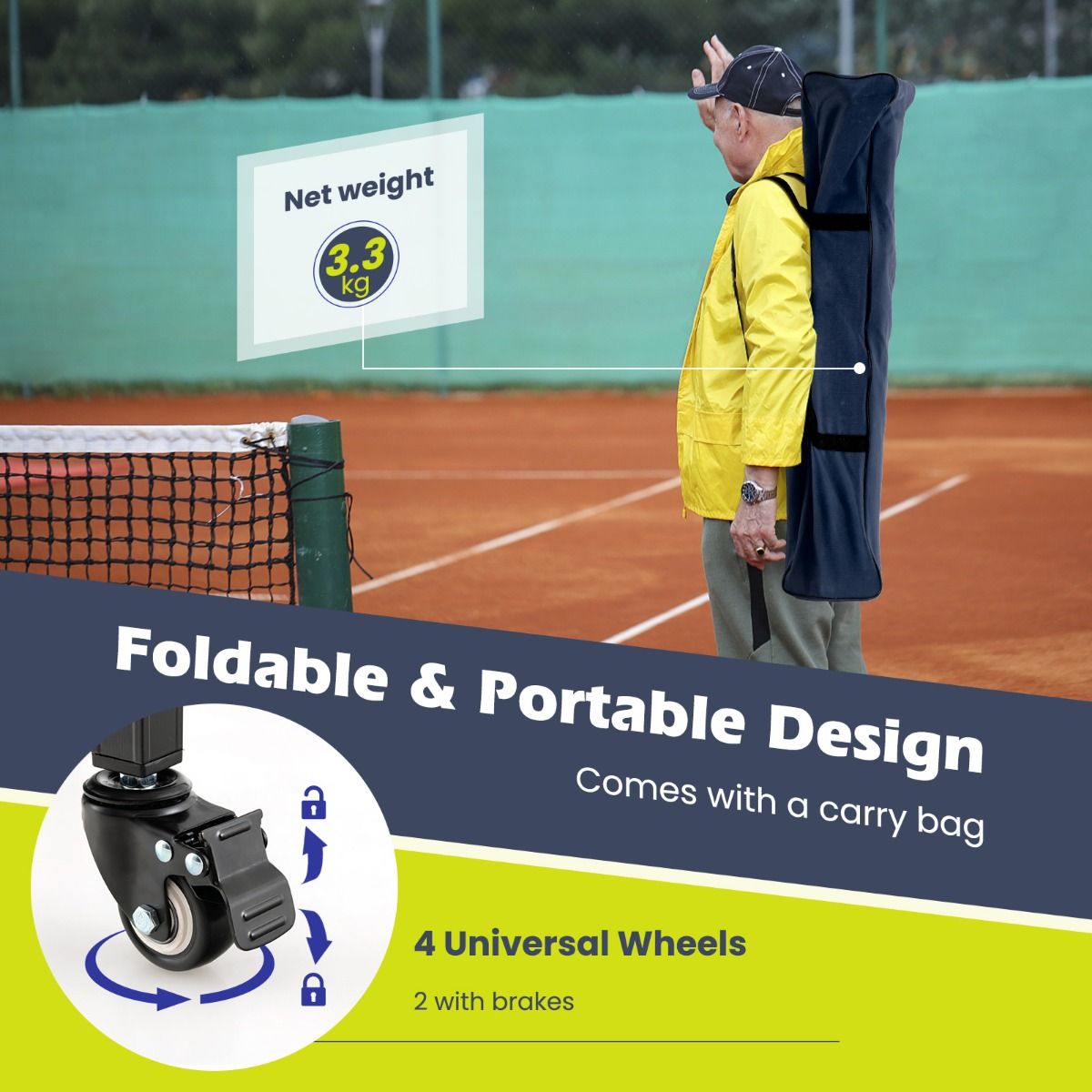 Coast Tennisballwagen mit Rädern - zusammenklappbar - bis zu 150 Tennisbälle - 40 x 40 x 92 cm - Schwarz mit Blau