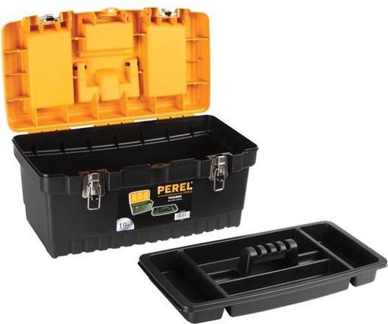 Perel Werkzeugkoffer, Polypropylen, mit herausnehmbarem Einsatzfach, 3 Ordnungsfächer im Deckel, Klappgriff und Metallverschlüssen, schwarz/gelb, 486 x 267 x 242 mm