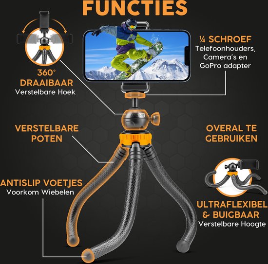 Studio ME Telefonstativ - 25 cm - Stativ Smartphone - Flexibel - Kamerastativ - Schwarz - Gorillapod - Telefonhalterung - Inkl. Bluetooth-Fernbedienung - Stativ Iphone - Stativ Telefon