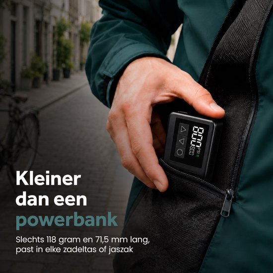 Tikkens® AirGo Elektrische Fahrradpumpe XS – Mini-Luftkompressor – 118 Gramm – Tragbar – Digitalanzeige – Rennrad – Gravelbike – Sportfahrrad – Citybike – Mountainbike – Roller – Fatbike – Über USB-C aufladbar – Presta/Schrader/Dunlop