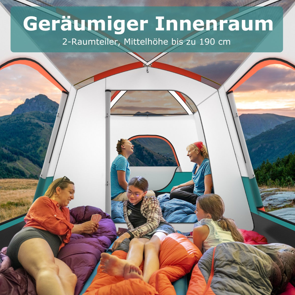 Coast Familienzelt mit Vorzelt - 2 Räume - 2 Eingänge - 320 x 210 x 180 cm - Grün