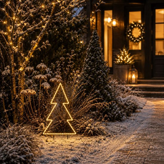 Luca Lighting Garden d'Light Weihnachtsbaum-Gartenaufsteller – Weihnachtsdekoration für den Außenbereich mit warmweißem LED-Licht – Weihnachtsdekoration mit Zeitschaltuhr und 8 Leuchtmodi – Lichterkette – L 72 x H 100 cm – Schwarz
