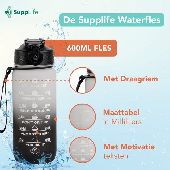 Supplife Motivations-Trinkflasche – 600 ml Trinkflasche – Trinkflasche mit Zeitangabe – Mit Strohhalm – Erwachsene – Kinder – Weiß, Schwarz
