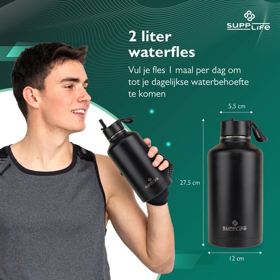 Supplife Luxe Edelstahl-Thermosflasche 2 Liter – doppelwandige Isolierung – BPA-frei und auslaufsicher
