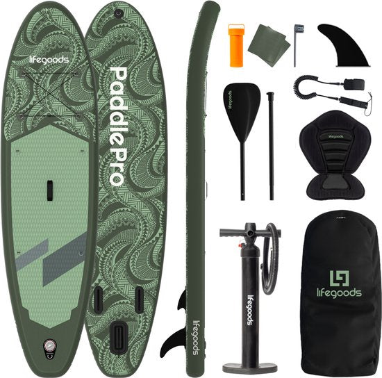 LifeGoods SUP Board All-round Compact - mit Sitz - 100 KG Tragfähigkeit - 300 x 76 cm - Aufblasbar - Komplettes SUP Paket - Grün/Leger Grün