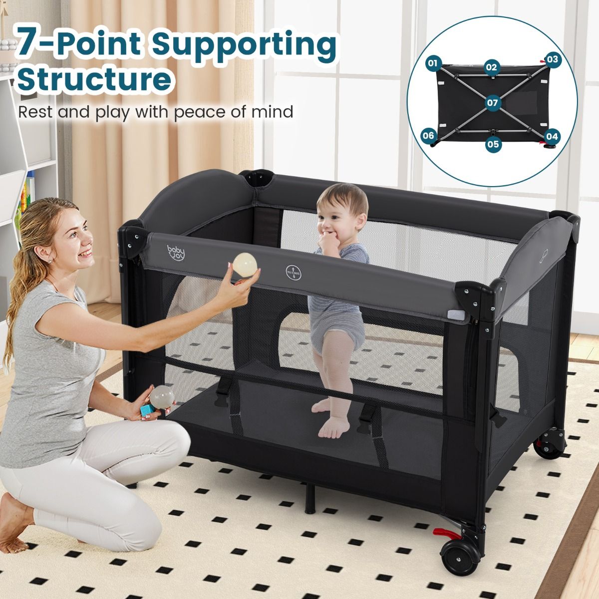 Coast 5-in-1-Babyreisebett mit 4 verstellbaren Höhen, Wickeltisch, Spielzeugstange und Tragetasche – 100 x 70 x 72 cm – Schwarz