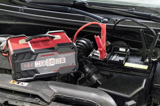 Absaar Batterieladegerät & Starthilfe – 6 V/12 V – 2–12 A Ladestrom – 75 A Starthilfe – 25–120 Ah 12-V-Batterie – AGM, Gel & Blei-Säure