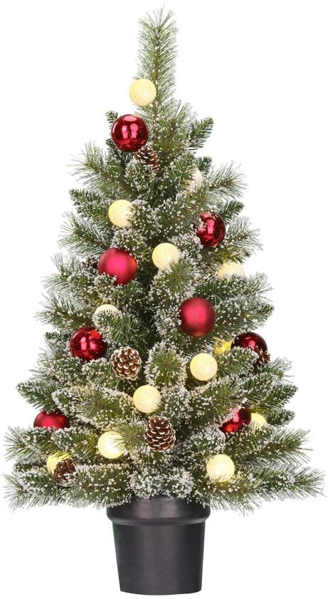 Black Box Trees Kaprun Kunstweihnachtsbaum mit Beleuchtung – Kunstweihnachtsbaum H 90 x Ø 51 cm – im Topf mit Dekoration – Grün, Rot, Frosted
