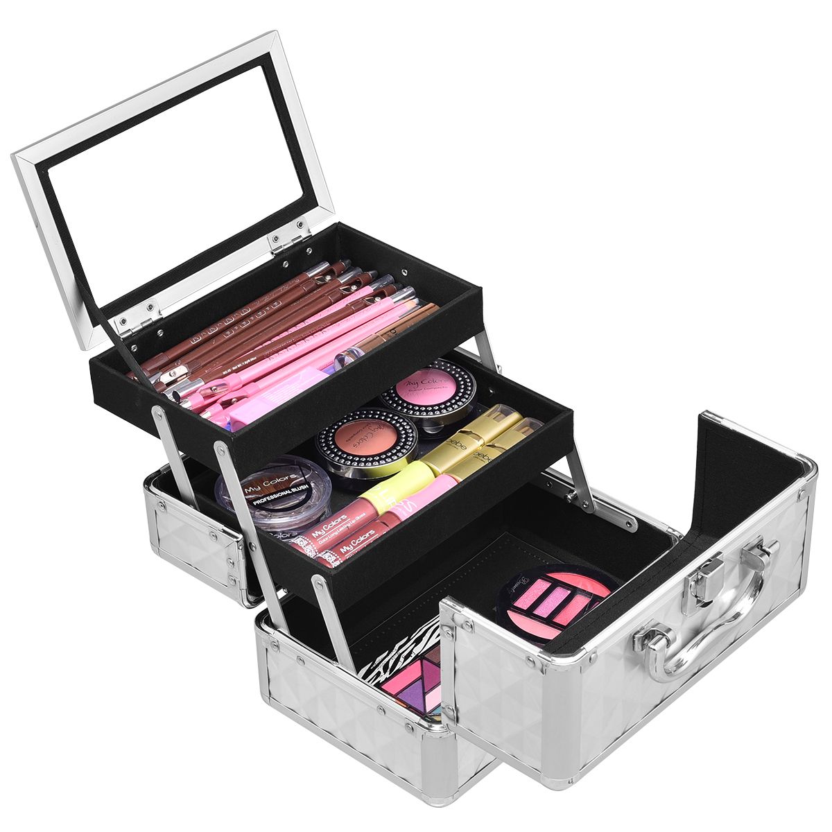 Coast Make-up-Koffer – tragbar und professionell – mit Spiegel und verstellbarer Facheinteilung – silber