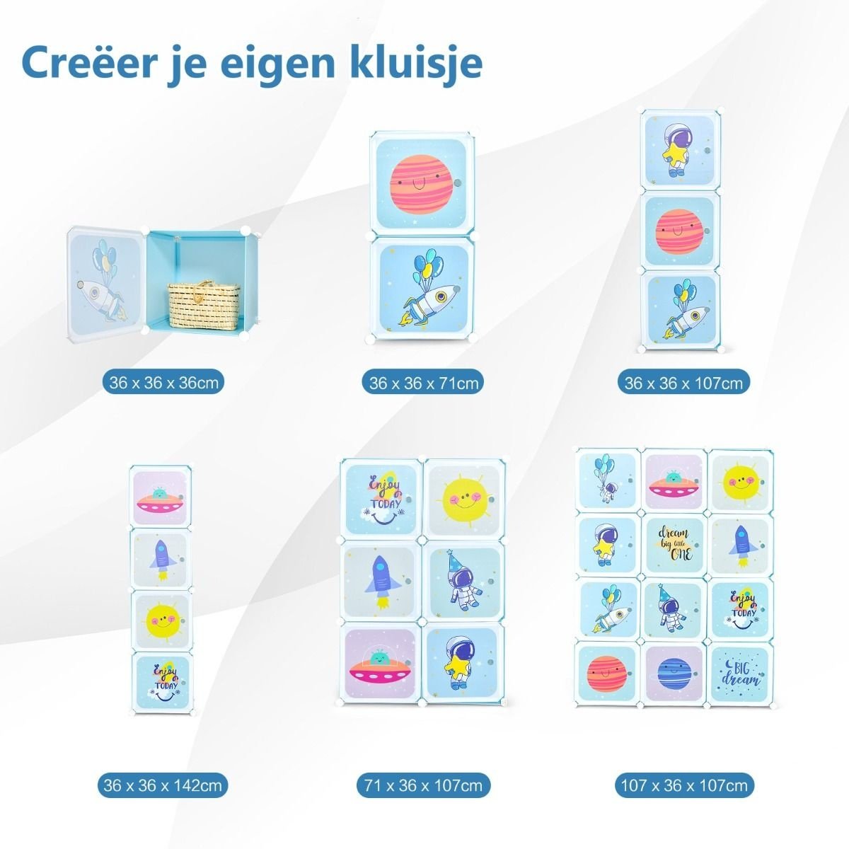 Kleiderschrank für Kinder Baby Kleiderschrank mit 2 hängenden Sektionen & 12 Würfel Cute Cartoon Kommode für Kinderzimmer Spielzimmer
