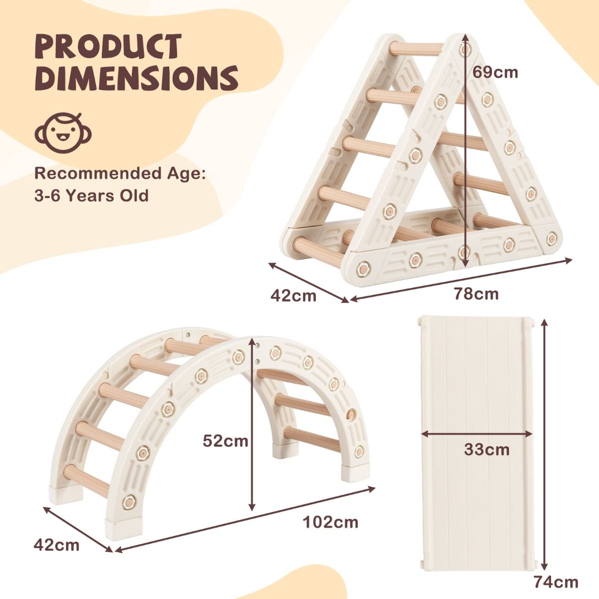 Coast Montessori Klettergerüst für Kinder – 5-in-1-Klettergerüst aus Holz mit Bogen und doppelseitiger Leiter – beige und kaffeefarben