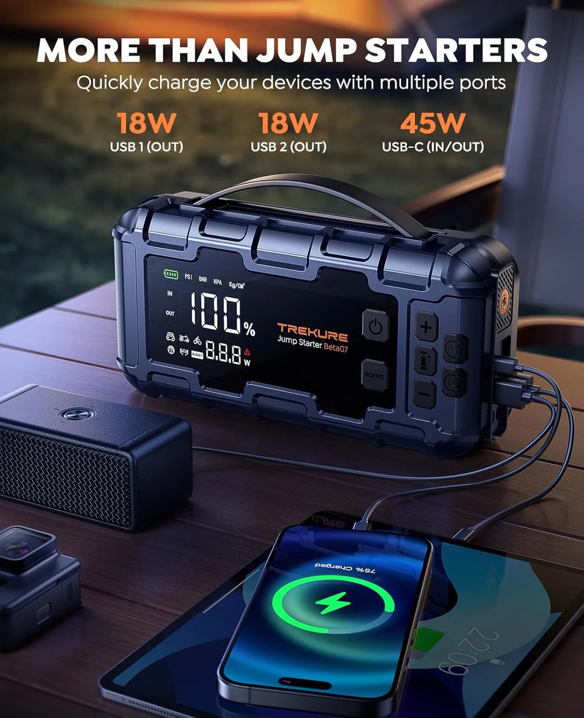 TREKURE Beta07 Starthilfe 6000 A – 12 V – mit Luftkompressor 160 PSI, 45 W PD