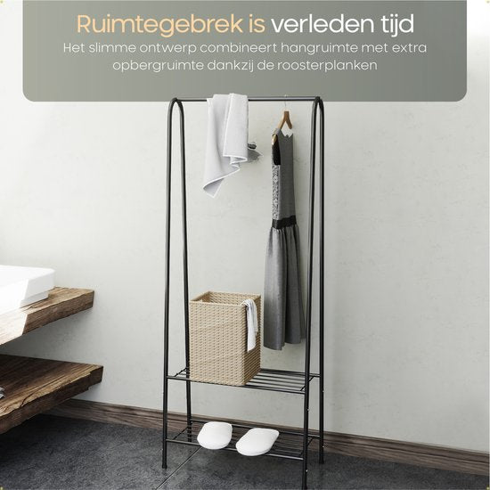 O'DADDY® Kleiderständer stehend - Aufbewahrungsregal 2 Lagen - Schuhregal - Garderobenständer mit Kleiderstange - Kleiderständer - 60 x 36 x 152 cm - Schwarzes Metall