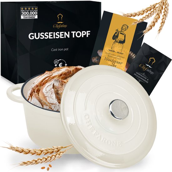 Chefarone Gusseisenpfanne 3,5 l – PFAS-frei – Bratpfanne inklusive Deckel – Für alle Herdarten geeignet – Emailliert, cremeweiß