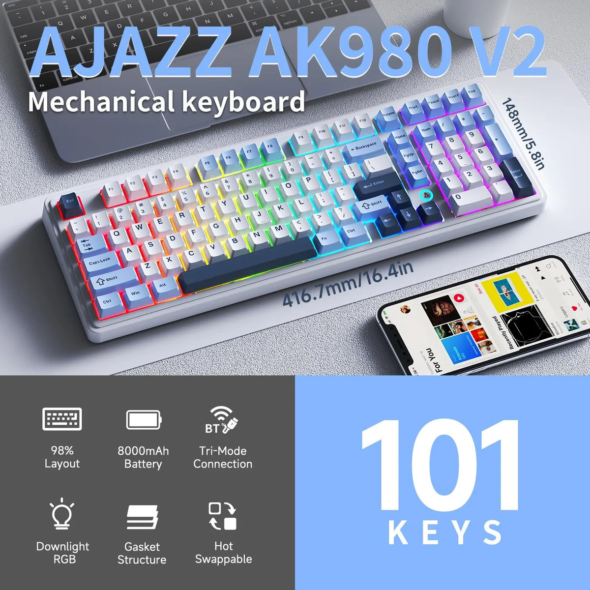 Ajazz AK980 V2 – kabellose mechanische Tastatur – Hot-Swap – 98 Tasten