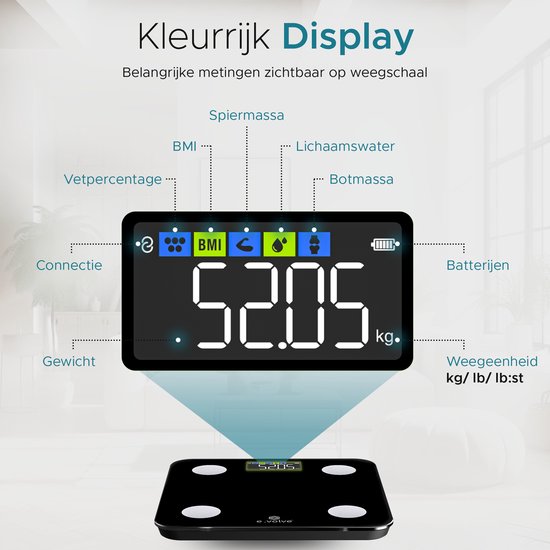 e.volve Waage Personenwaage Digital - 20 Messungen - Intelligente Waage mit Körperanalyse - Farbbildschirm - Präzisionswaage - Waage - Digitalwaage - Inkl.