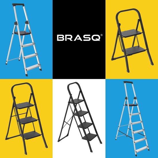 BRASQ Haushaltsleiter 4 Stufen Schwarz - Küchenleiter Zusammenklappbare Metallleiter für den privaten und professionellen Gebrauch - Leiter - Rutschfest