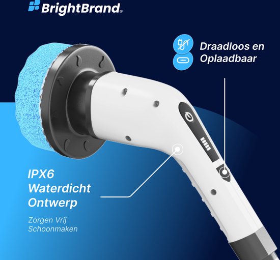 Brightbrand PowerScrub Pro - Elektrische Reinigungsbürste - Schrubber - Für Bad und Küche - Reiniger - Schrubber mit Griff - Abzieher - Polierer - Polierer mit 10 Aufsätzen
