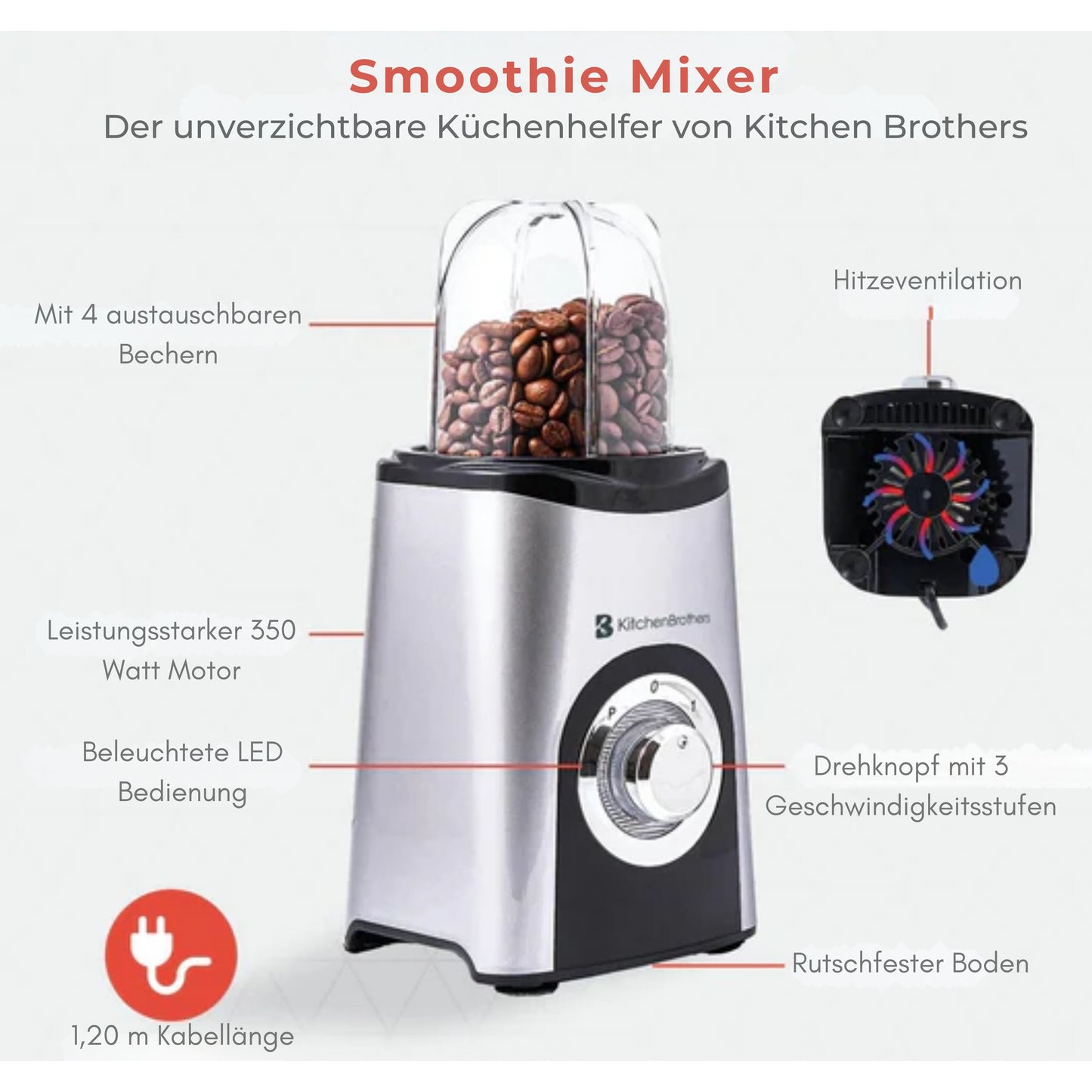 KitchenBrothers Smoothie Mixer - 13-teiliges Set - 4 Becher - To Go - 350W - Edelstahl