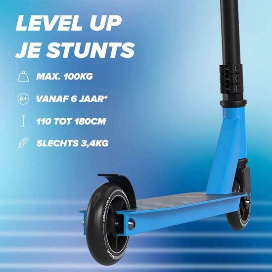 LifeGoods Stuntstep Fly Pro - 6+ Jahre - Schritt für Kinder - Jungen/Mädchen - 100mm - 100KG - Schwarz/Blau