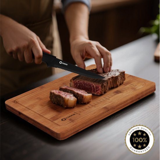 COOCK - Messerset mit Block und klappbarem Schneidebrett - Küchenmesser - Schere - Messerschärfer - 15-teiliges Küchenutensilien-Set im Messerblock - Edelstahl - mit 'Antihaft'-Beschichtung - Schwarz