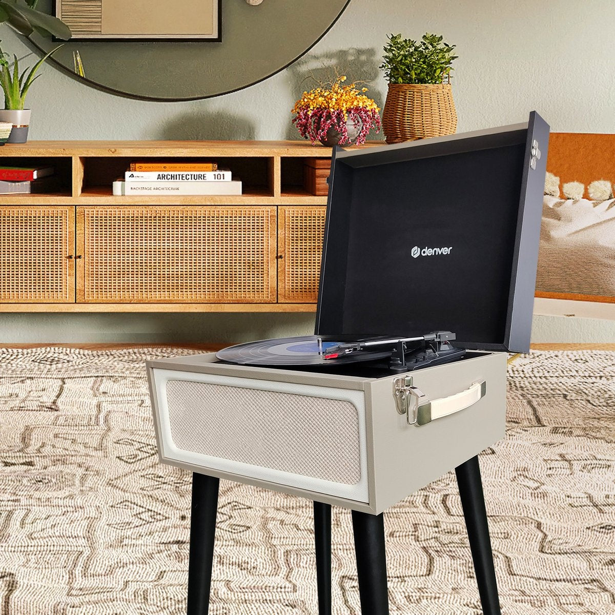 Denver Plattenspieler - Bluetooth - Integrierte Lautsprecher - FM Radio - Autostop - Retro - Grau