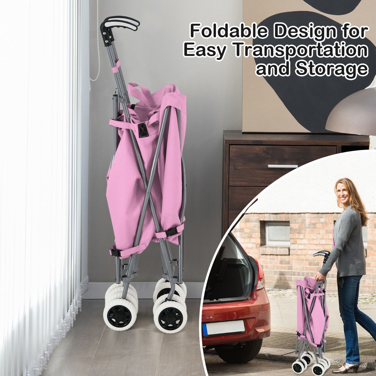 Coast Zusammenklappbarer Einkaufswagen mit Rädern – Handwagen 90 l – Zusammenklappbarer Einkaufswagen – 66 x 46 x 94,5 cm – Rosa