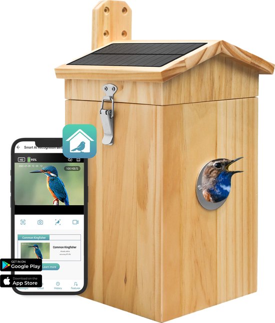Vogelhaus mit Kamera und Audio - Vogelhaus zum Aufhängen - Holz - Nistkasten - Doppeltes Solarpanel