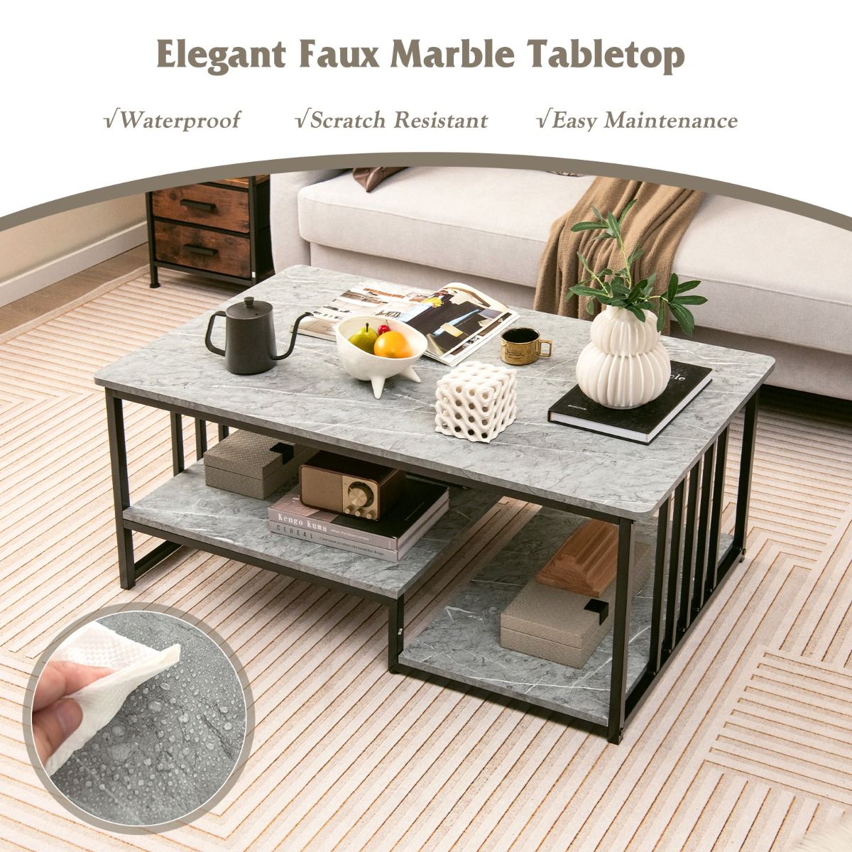 Coast Couchtisch - 2-lagig - Marmoroptik - Max. 50 kg - 110 x 60 x 45 cm - Grau/Schwarz