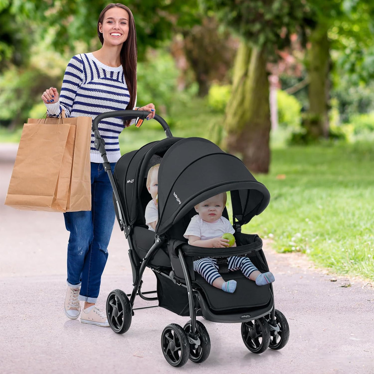Coast Tandem-Kinderwagen für zwei Kinder – zusammenklappbar mit verstellbarer Rückenlehne – schwarz – Metall