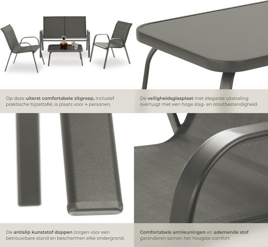 tectake® Gartenset Nora - Moderne Sitzgruppe für 4 Personen - Loungeset mit Gartensofa und 2 Gartenstühlen aus atmungsaktivem, wasserabweisendem Textilgewebe - Balkonset mit Beistelltisch - Luxuriöses Gartenmöbel-Set - Anthrazit