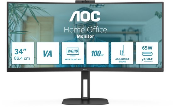 AOC V5 CU34V5CW – QHD-Ultrawide-Monitor mit gebogenem Bildschirm – USB-C – 65 W – Webcam – 34 Zoll