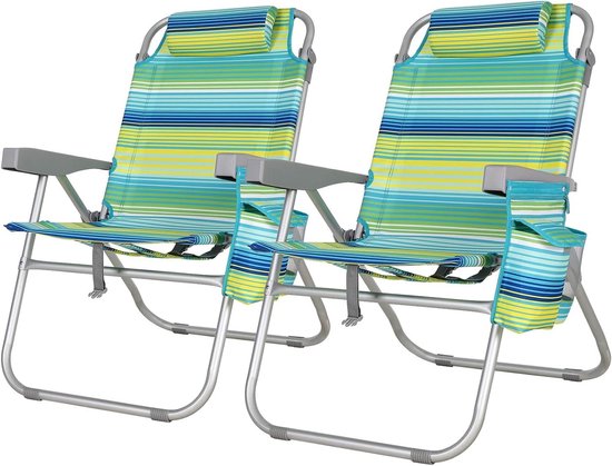 Luxuriöses Strandstuhl-Set (2er-Set) – Verstellbar (5 Positionen) – Zusammenklappbar mit Rucksackgurten, Kühltasche und Handtuchhalter – Grün/Blau gestreift