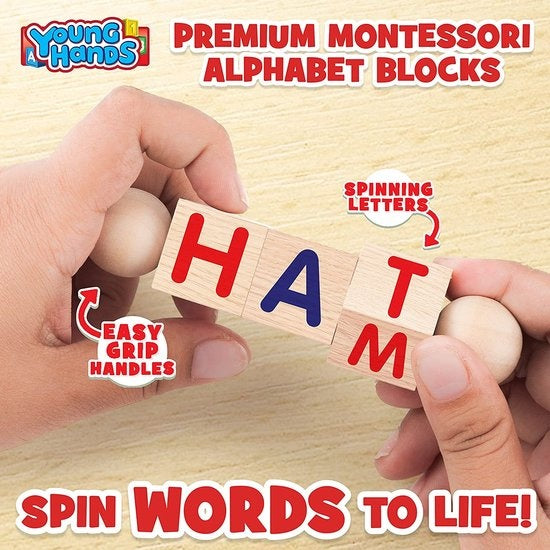 Creative Kids - Leseblöcke aus Holz - Set mit 5 drehbaren Alphabetblöcken - Griffige Griffe - Lernaktivitäten für Kindergarten & Vorschule - Buchstabenarbeit - Montessori-Holzspielzeug - Geschenke für Kinder & Kleinkinder