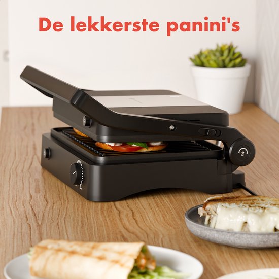 KitchenBrothers Kontaktgrill - Grillgerät - Abnehmbare Grillplatten - Panini Grill - 3 Höheneinstellungen - Toasti Eisen - 2000W - Schwarz