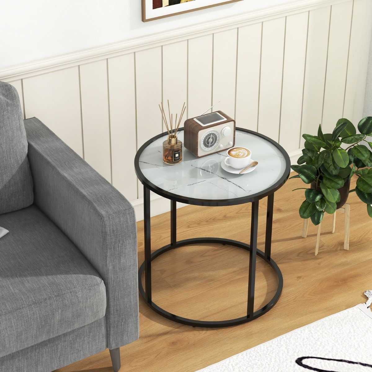 Coast 50 cm Runder Beistelltisch aus Glas mit Platte in Marmoroptik und schwarzem Metallgestell - Modernes Design