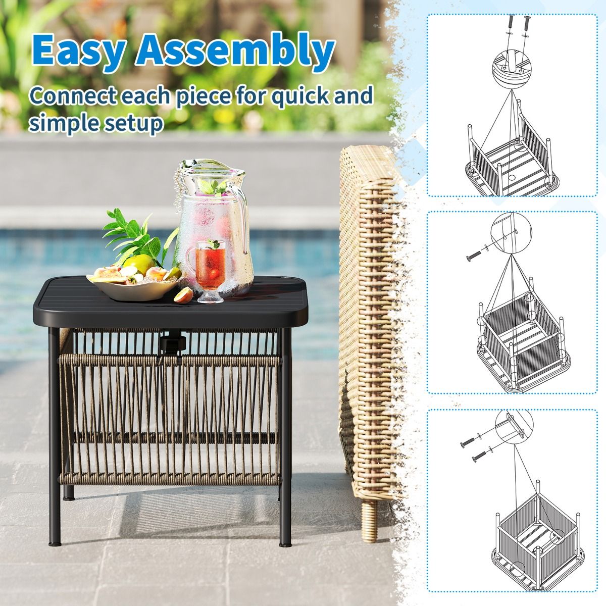 Coast Beistelltisch für den Außenbereich – wetterfestes Rattan – mit Sonnenschirmloch – schwarz – 56 x 56 x 49 cm