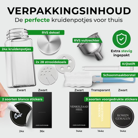 Soothe 24 Glasgewürzdosen quadratisch mit Edelstahldeckel - 2 Arten von Streudeckeln - Gewürzstreuer - Gewürzdosen - Komplettset inkl. Gewürzsticker, Kreidestift und Zubehör - 120ml