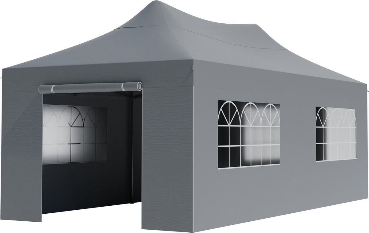 LifeGoods Partyzelt - Pavillon - 3x6 m - Seitenwände - leicht aufbaubar - faltbar - wasserdicht - Tragetasche mit Rädern - dunkelgrau