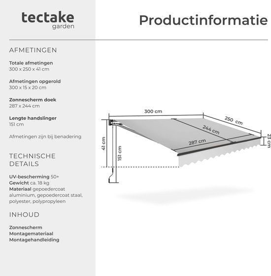 tectake® Sonnenschirm mit Gelenkarm - 300 x 250 cm - Markise - Sonnenschutz für Fenster, Balkon, Außenbereich - Wandmontage - Wasser- und UV-beständig - Hellgrau