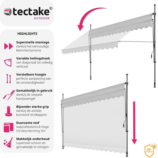 tectake - Klemmmarkise - Markise - Sonnendach - Verstellbar - Klemmmarkise - Balkonmarkise - 400 x 180 cm - hellgrau - Markise - 404970