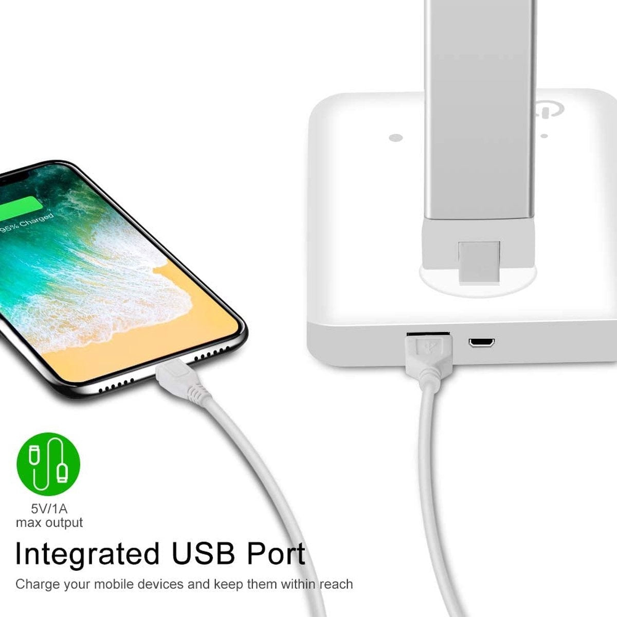 Fuegobird EK009 LED-Schreibtischlampe - verkabelt - kabelloses Laden für Telefon - dimmbar - klappbar - Smart Touch - Qi-Technologie - weiß