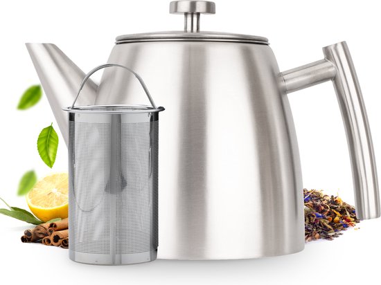 Vaja® Teekanne Camille Silber - Doppelwandig - 1 Liter - Edelstahl-Teekanne mit Filter & Stövchen