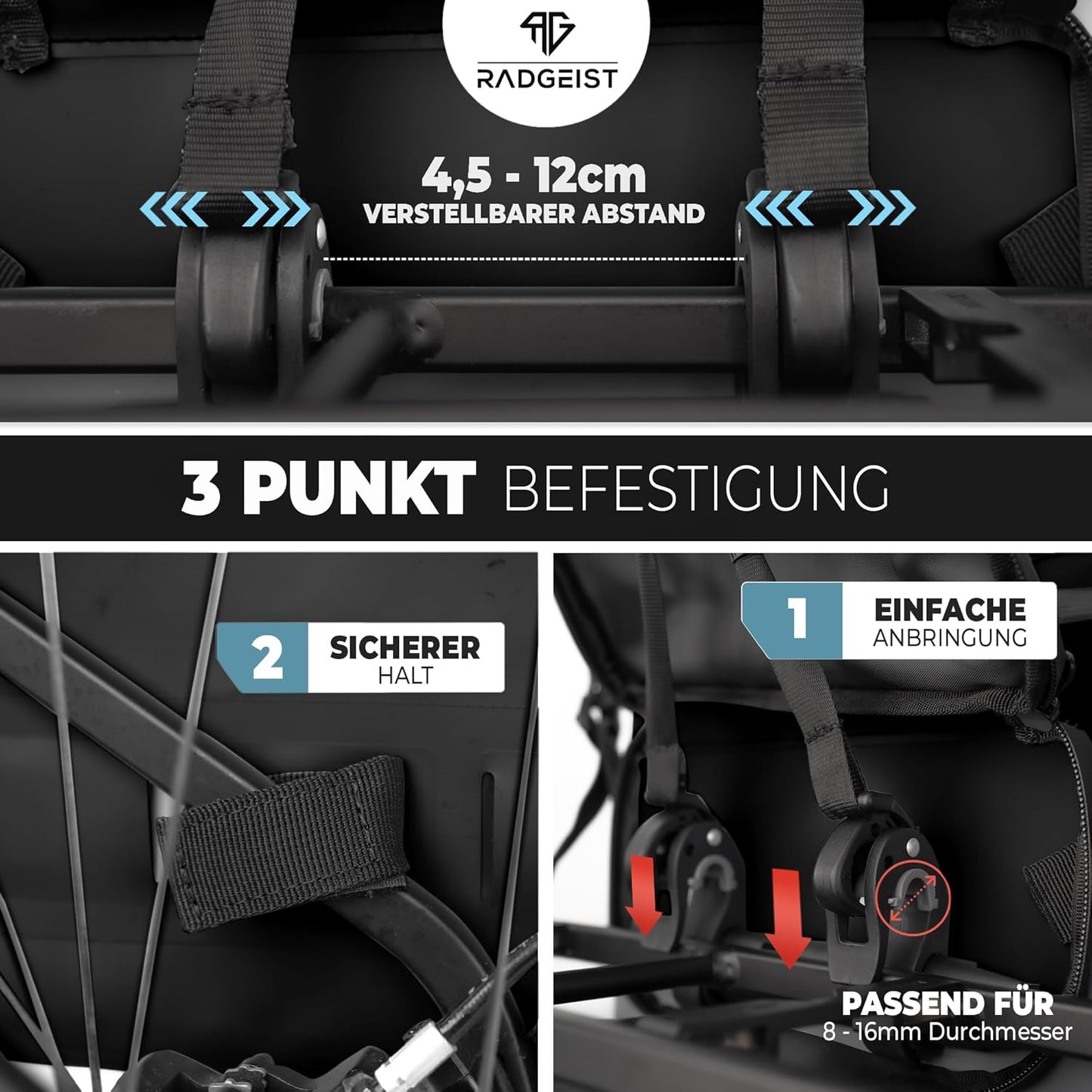RADGEIST 3 in 1 Fahrradtasche - Für Gepäckträger - 18-22L - 100% wasserdicht - Schwarz